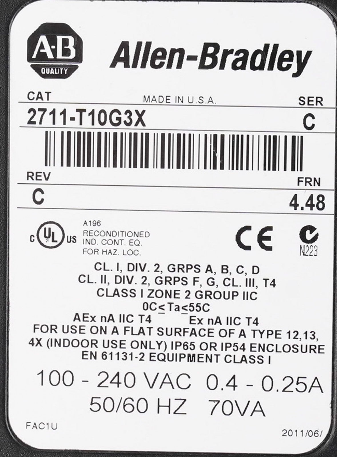 Allen Bradley 2711-T10G3X /C Rev C PanelView 1000 HMI Display Panel 2711T10G3X