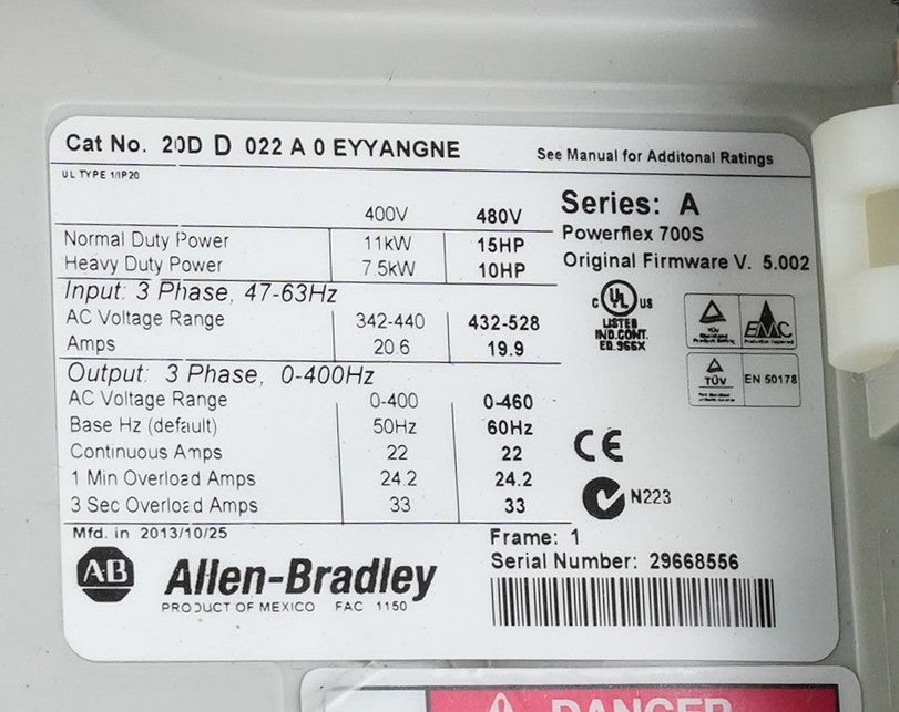 Allen Bradley 20DD022A0EYYANGNE Ser A Powerflex 700S 3-Phase 480V 15HP Drive