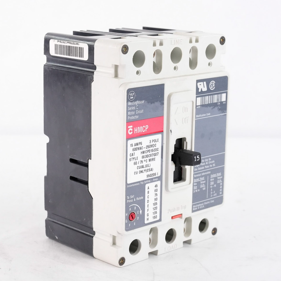 Eaton Cutler-Hammer HMCP015E0C Bolt On Circuit Breaker 15A 600V 3P HMCP