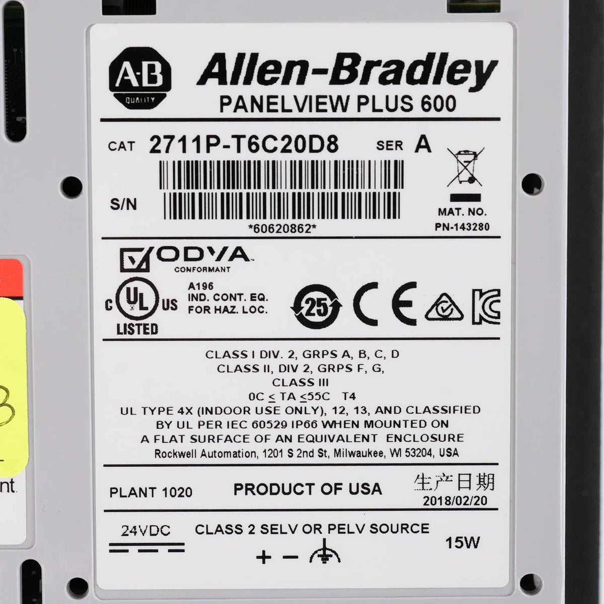 Allen Bradley 2711P-T6C20D8 Ser A PanelView Plus 6 600 Color Touch 24VDC HMI