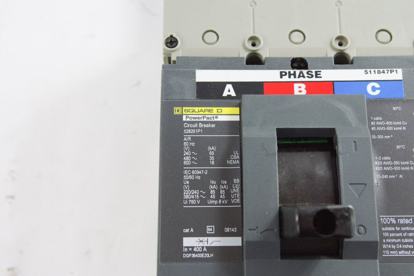 SQUARE D POWERPACT BREAKER 528261P1 600V 400A DGP36400E20LH