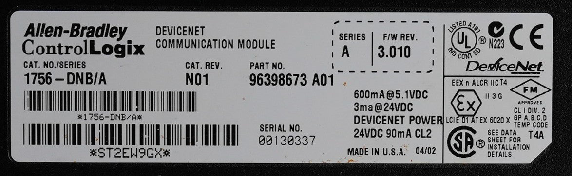 Allen Bradley 1756-DNB/A Devicenet Communication Module CAT. REV. N01
