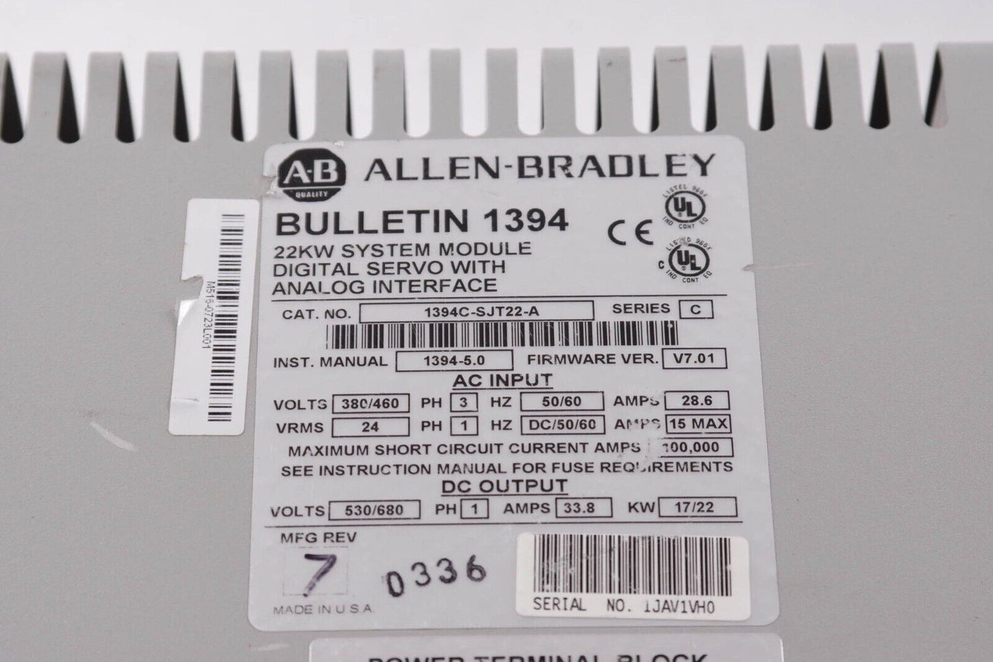 ALLEN BRADLEY 1394C-SJT22-A / 1394CSJT22A Ser C BULLETIN 1394 Servo Drive