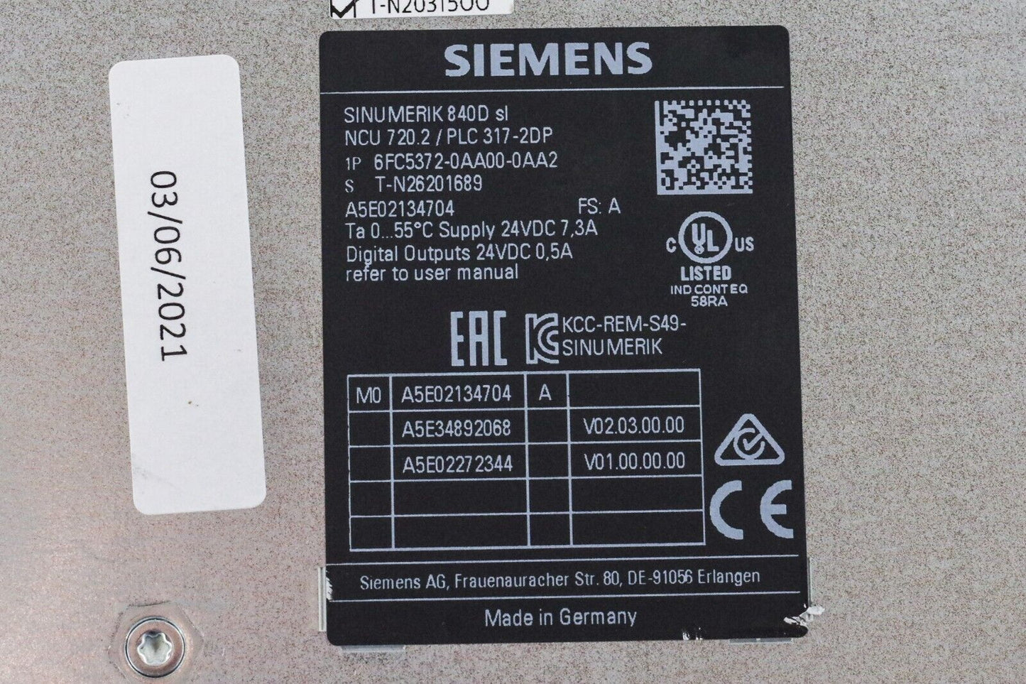 Siemens 6FC5372-0AA00-0AA2 SINUMERIK 840D sl NCU 720.2 / PLC 317-2DP