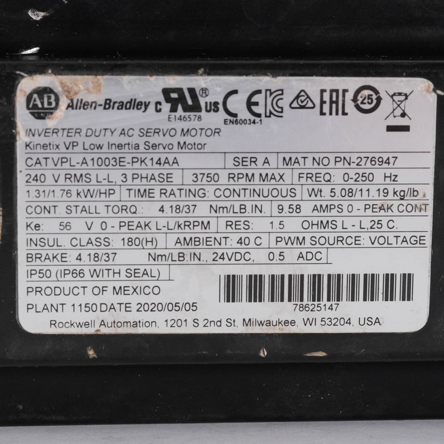 Allen Bradley VPL-A1003E-PK14AA Ser A Kinetix VPL Servo Motor 230V 1.65kW