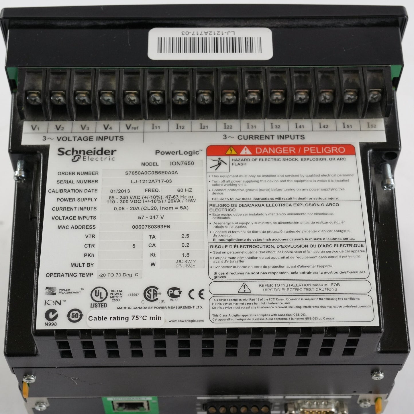 Schneider Electric ION7650 S7650A0C0B6E0A0A Digital Power Logic Quality Meter