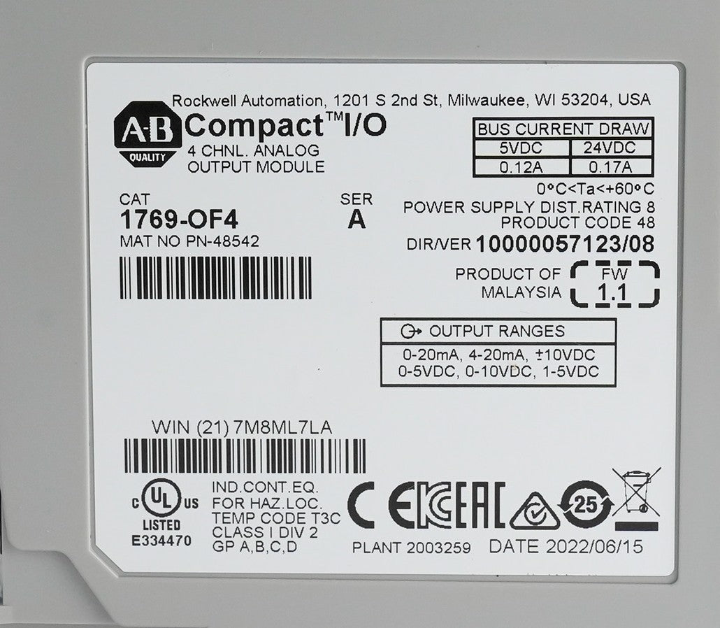 Allen Bradley 1769-OF4 Ser A CompactLogix Output Module Analog 4 Point 1769OF4
