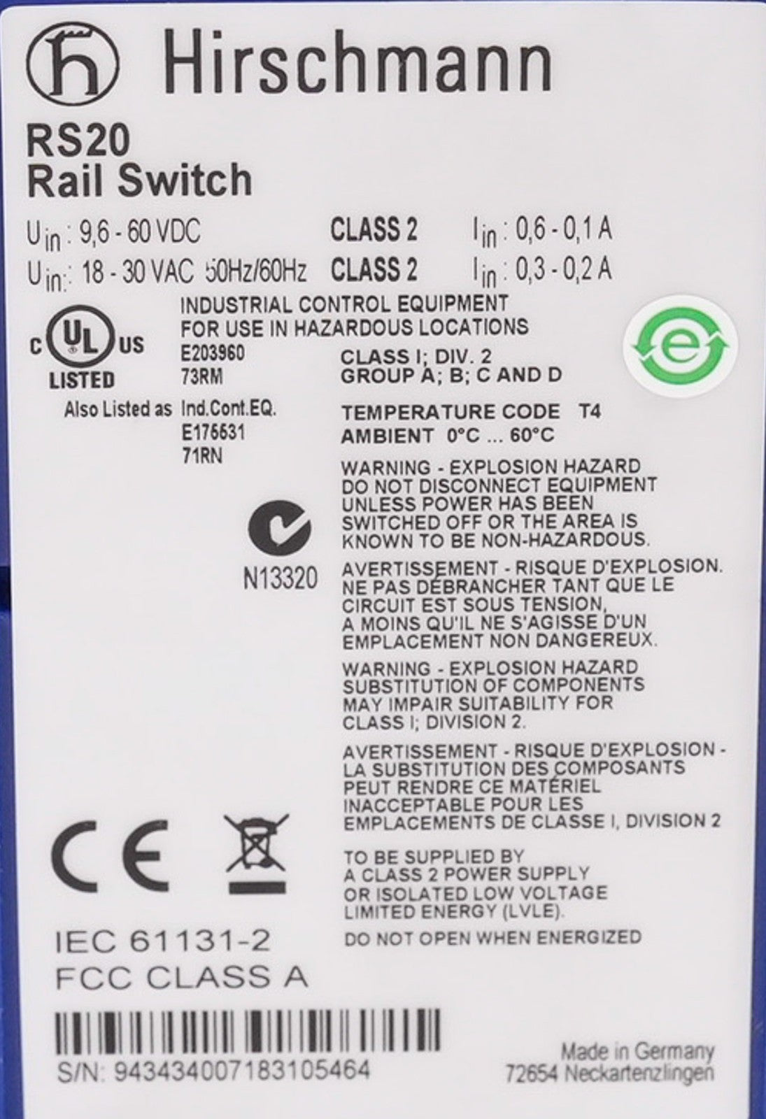 Hirschmann RS20 Rail Switch 60VDC 18-30VAC 50/60Hz