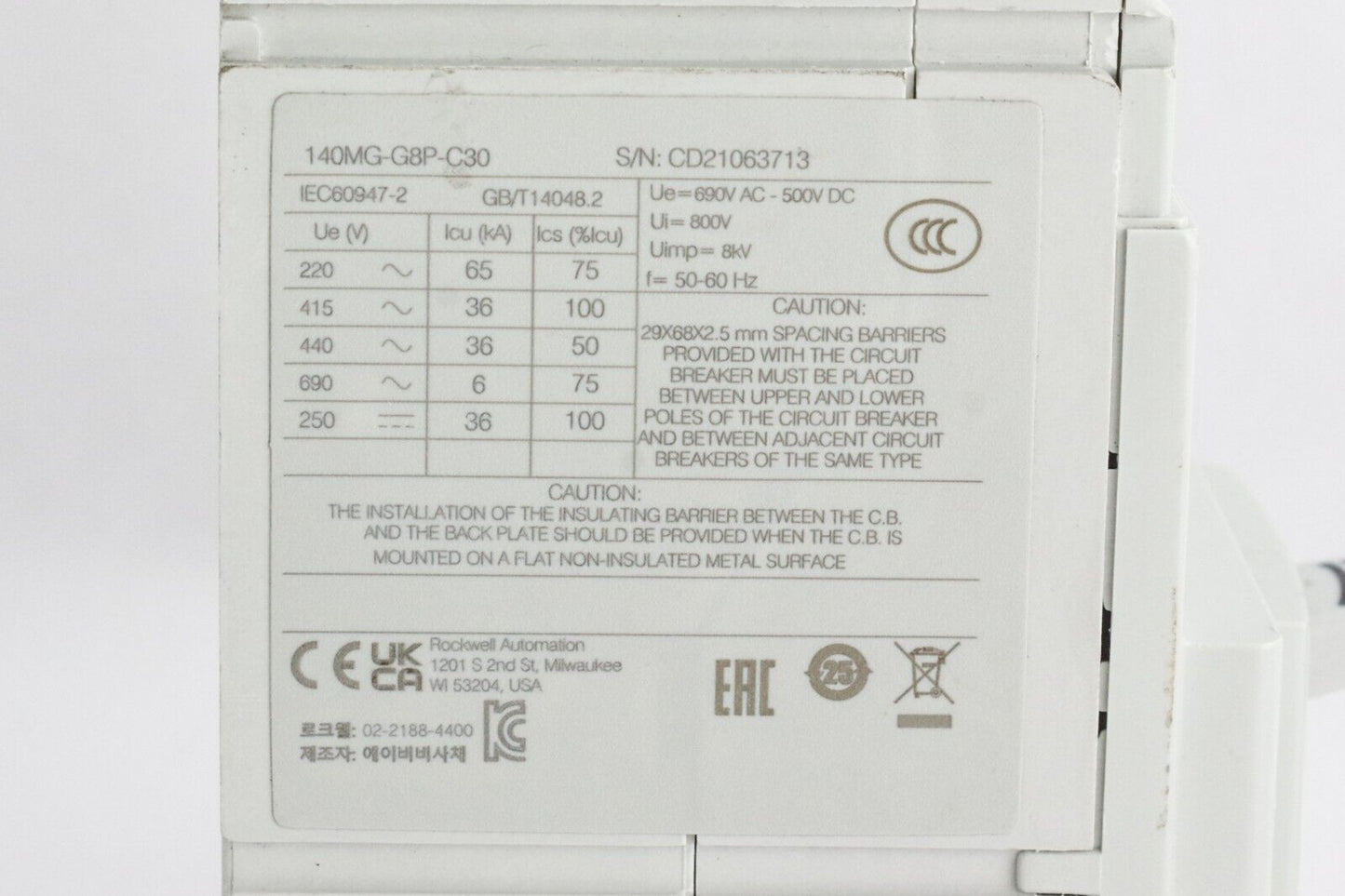 Allen Bradley 140MG-G8P-C30 Motor Protection Circuit Breaker 50-60Hz