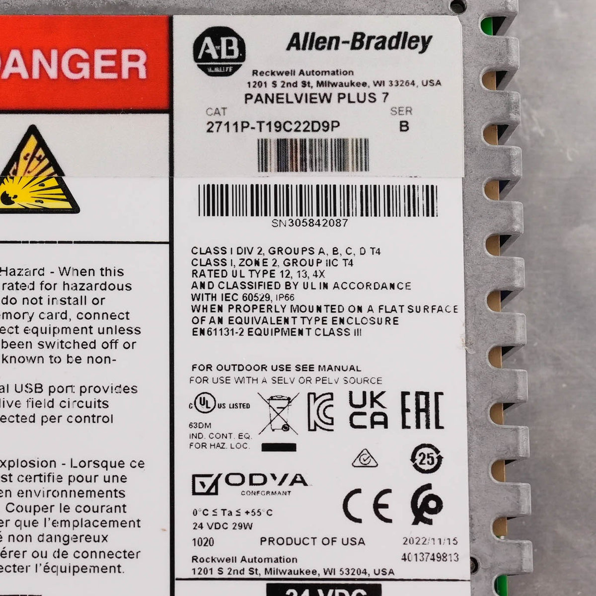 Allen Bradley 2711P-T19C22D9P /B PanelView Plus 7 HMI 19in Touch 24VDC