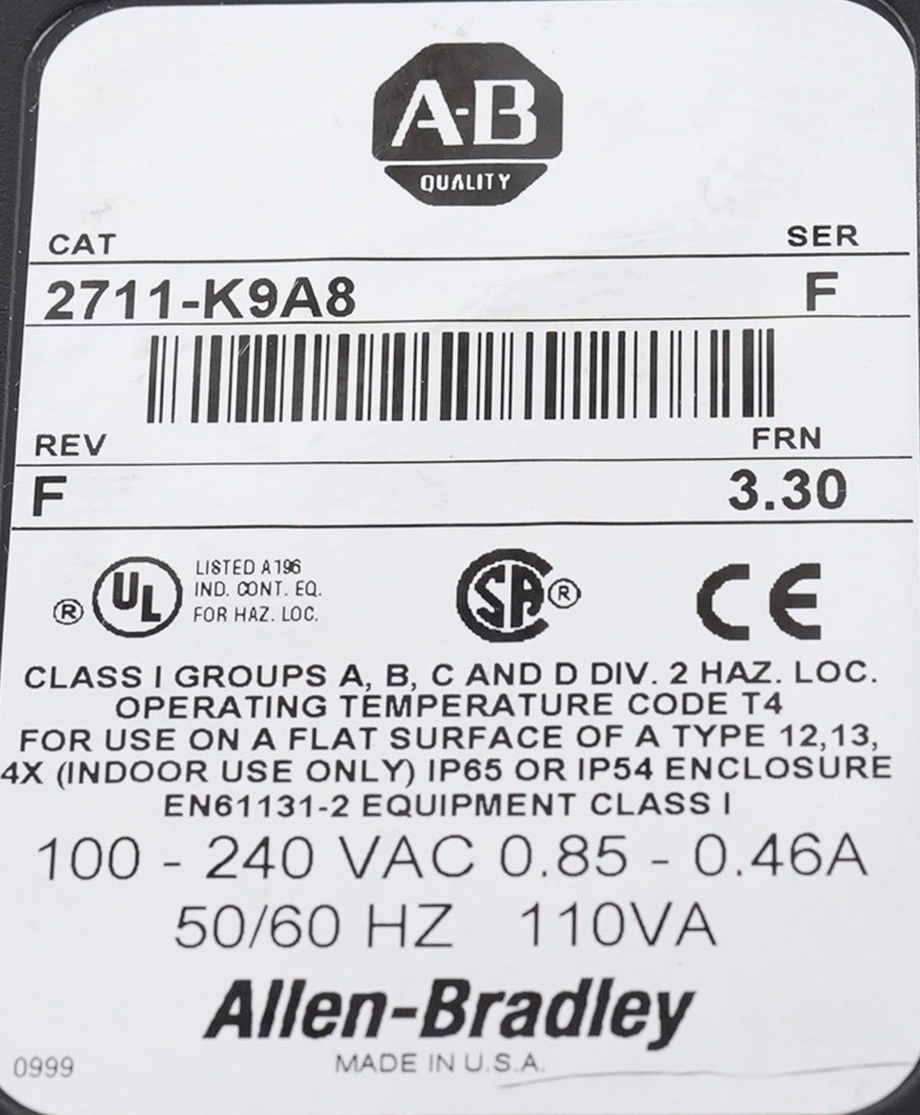 Allen Bradley 2711-K9A8 /F Rev F FRN 3.30 PanelView 900 HMI Display Refurbished