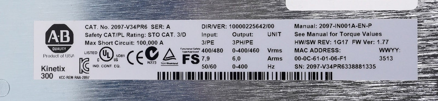 Allen Bradley 2097-V34PR6 /A Kinetix 300 Servo Drive 480V 3-Ph Open Box (Tested)