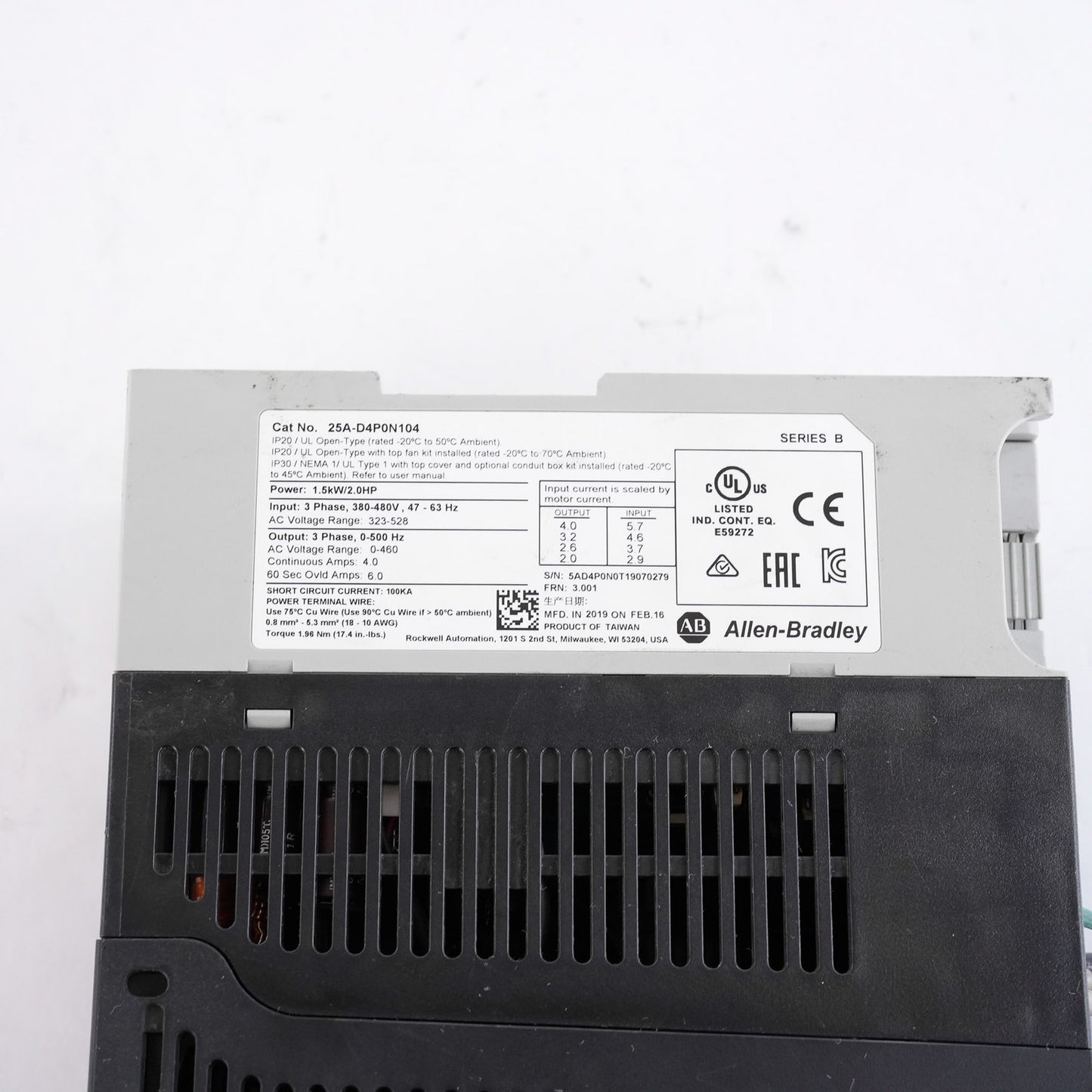 Allen Bradley 25A-D4P0N104 /B PowerFlex 523 AC Drive 480V 3-Phase 25AD4P0N104