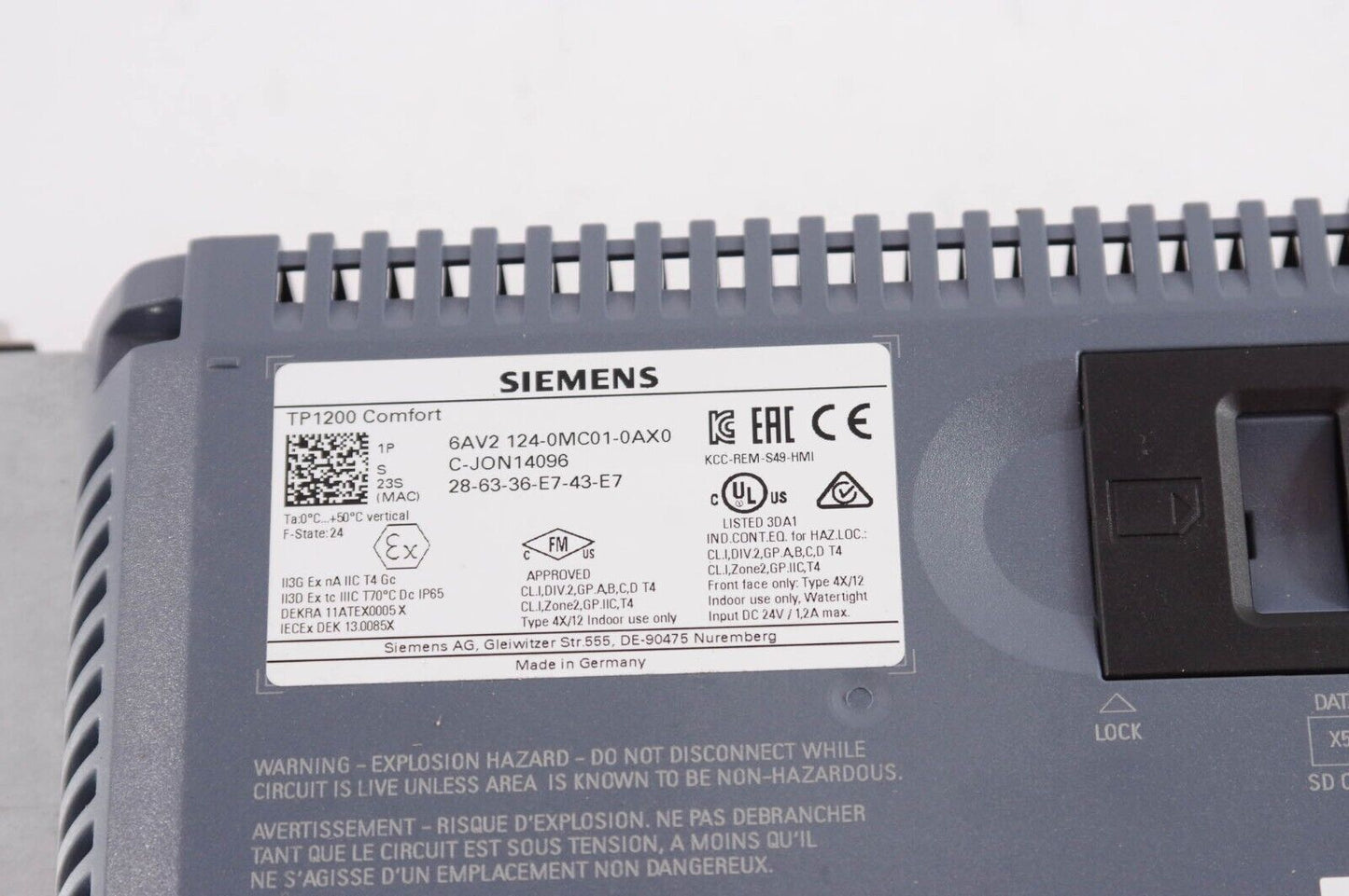 Siemens 6AV2 124-0MC01-0AX0 / 6AV21240MC010AX0  Simatic HMI TP1200 Comfort Panel