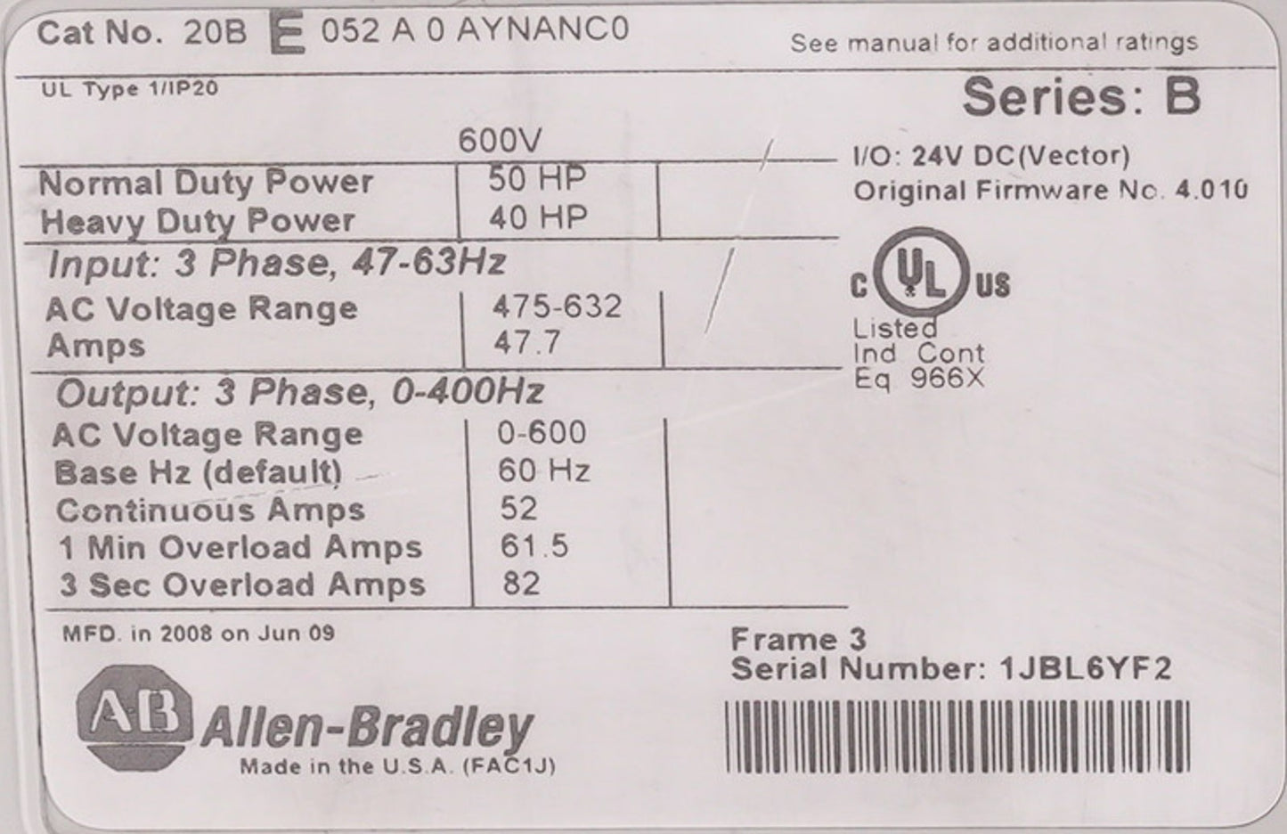 Allen Bradley 20BE052A0AYNANC0 PowerFlex 700 AC Drive 600V 52A 50HP