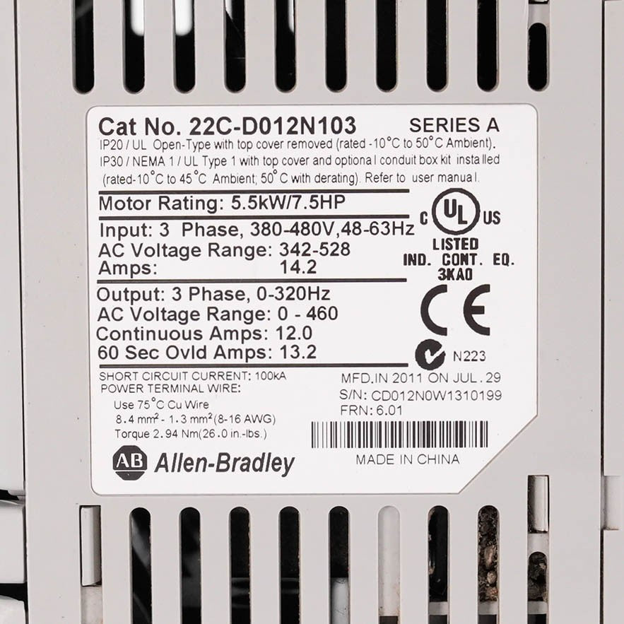 Allen Bradley 22C-D012N103 Ser A PowerFlex 400 AC Drive 480V 5.5kW 7.5HP 12A