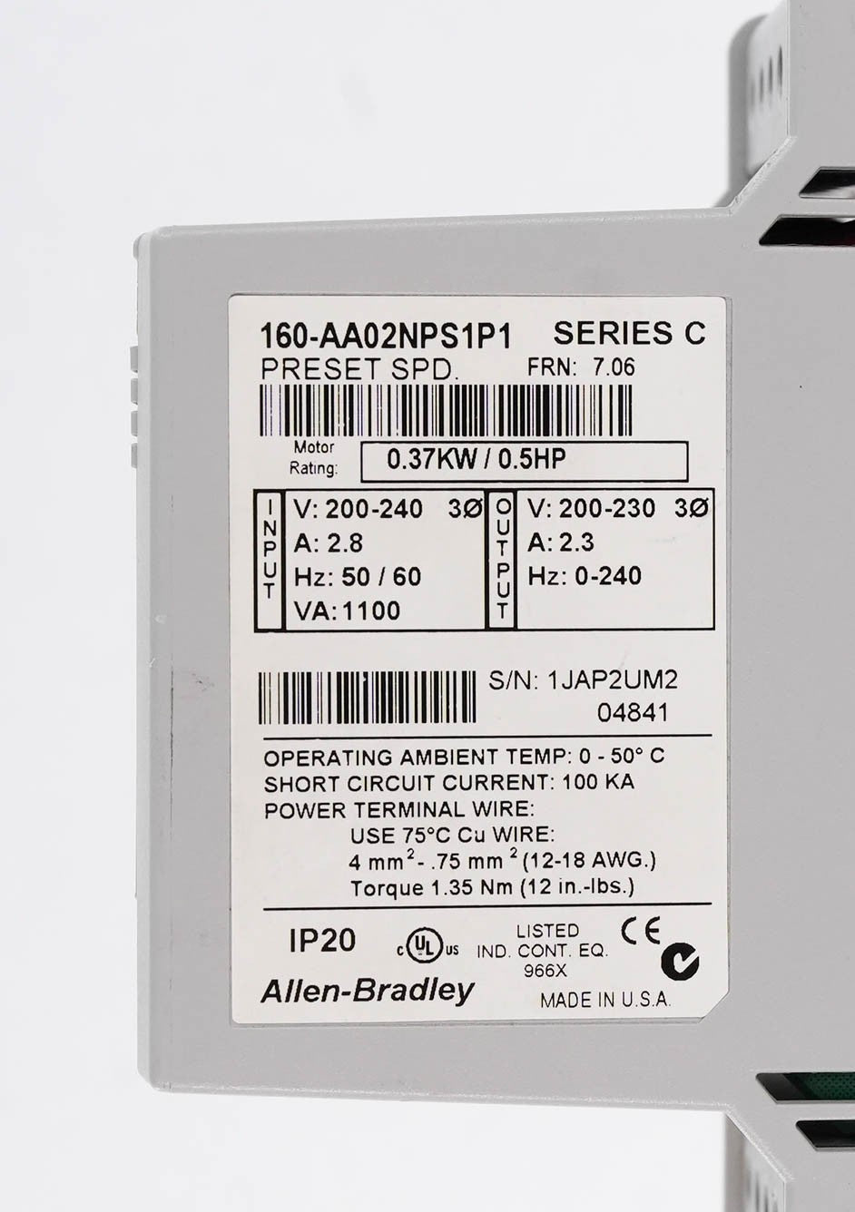 Allen Bradley 160-AA02NPS1P1 Ser C Bulletin 160 AC Drive 200-240V 0.37kW 0.5HP