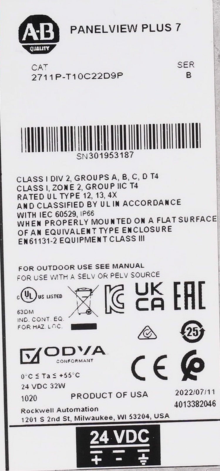 Allen Bradley 2711P-T10C22D9P /B PanelView Plus 7 HMI Display Refurbished Ser B