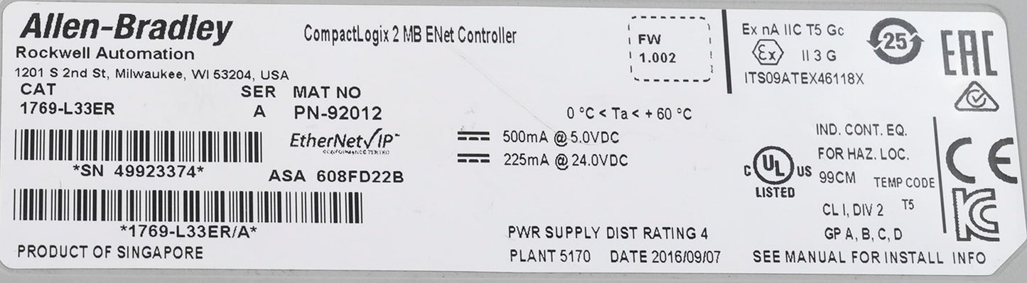 Allen Bradley 1769-L33ER /A CompactLogix 5370 Controller 2MB 1769L33ER + ECR