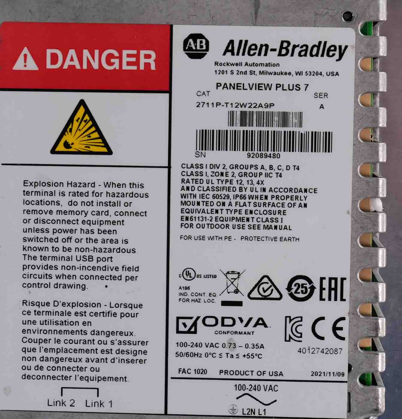 Allen Bradley 2711P-T12W22A9P /A PanelView Plus 7 12.1" Color/Touch Display Ac