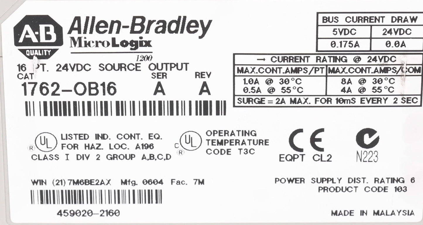 Allen Bradley 1762-OB16 /A MicroLogix 16-Pt 24VDC Digital Output Module 1762OB16