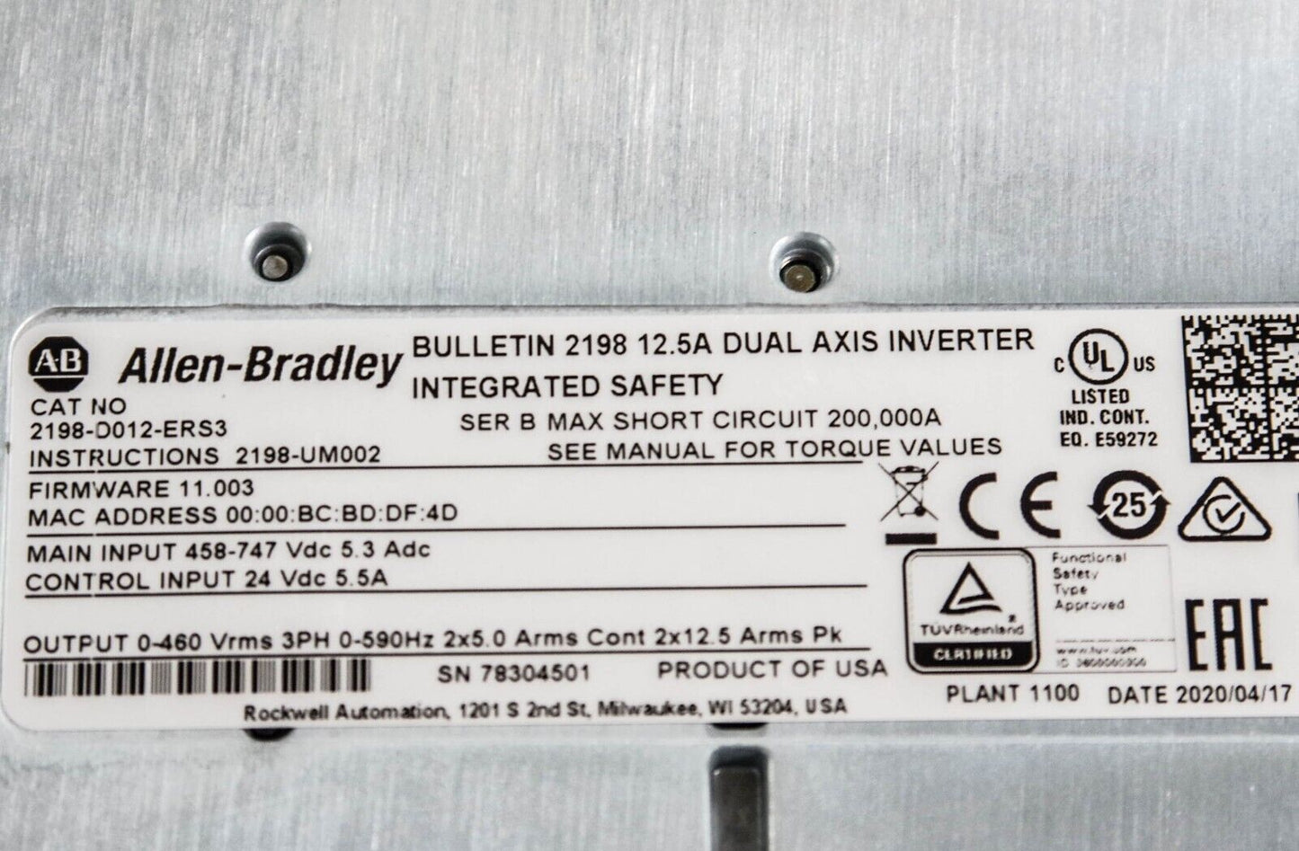 2022 Allen Bradley 2198-D012-ERS3 /B Kinetix 5700 3.2kW Dual-Axis Inverter -Open