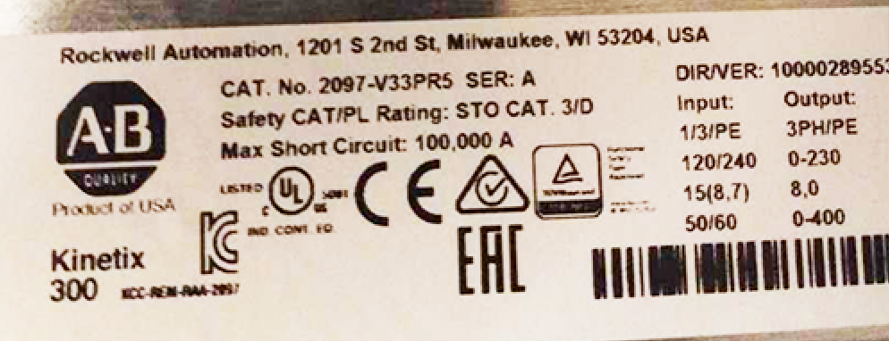 Allen Bradley 2097-V33PR5 Ser A Kinetix 300 Servo Drive 2097V33PR5