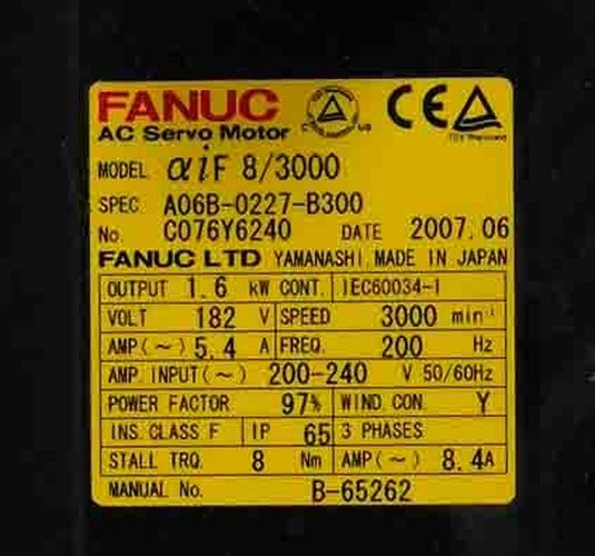 FANUC A06B-0227-B300 AC Servo Motor aiF 8/3000 1.6kW 182V A06B0227B300