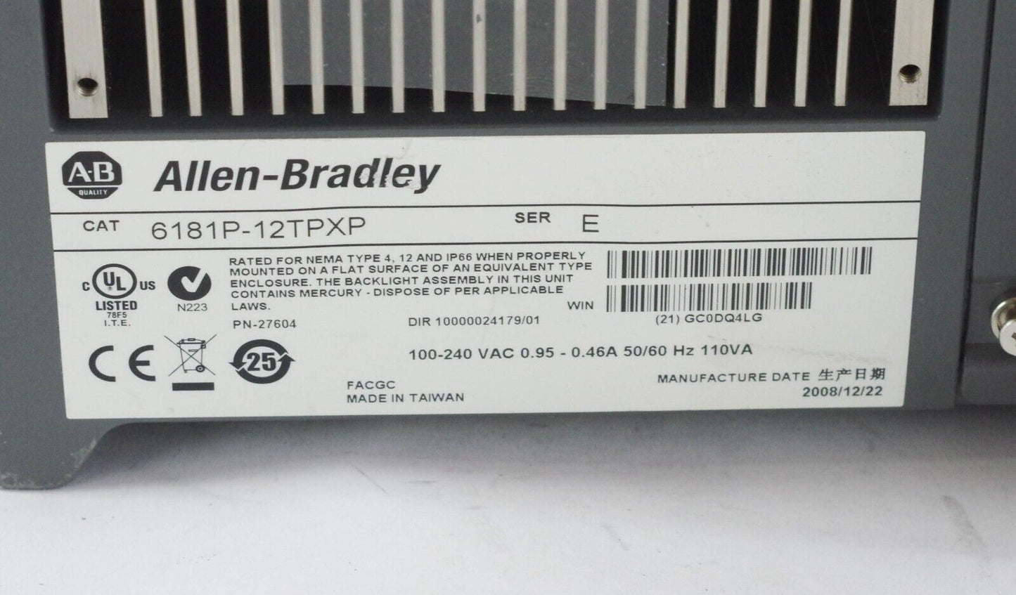 Allen Bradley 1200P 6181P-12TPXP Ser E VersaView 1200P PC - (Bad Touch Screen)