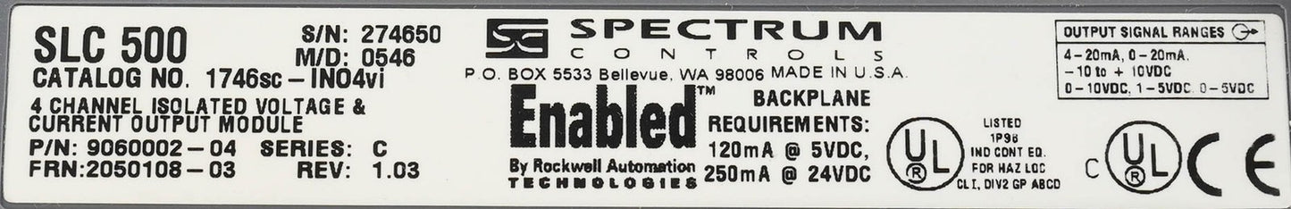 Spectrum Controls 1746sc-INO4vi Ser C SLC 500 4 Channel Analog Output Module