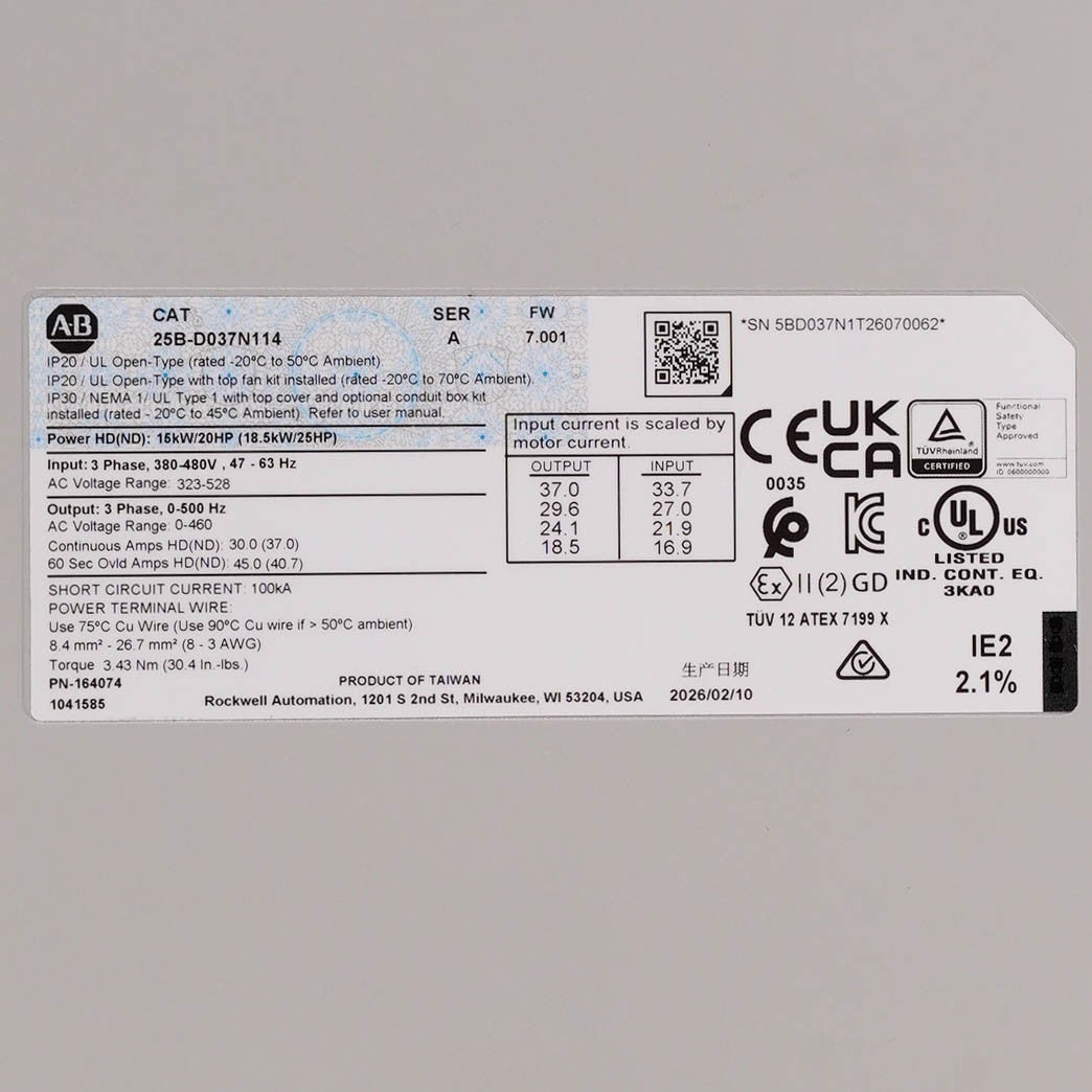 Allen Bradley 25B-D037N114 PowerFlex 525 AC Drive 480V 3PH 25HP 18.5kW 37A NEMA