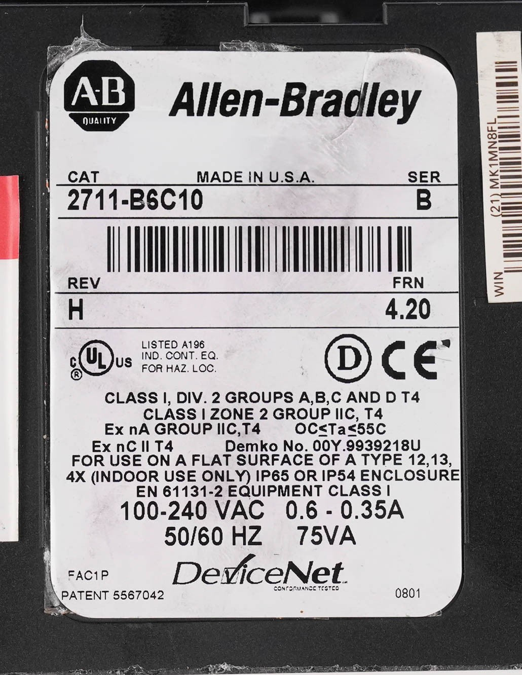Allen Bradley 2711-B6C10 Ser B PanelView 600 Color HMI Keypad Touch DeviceNet
