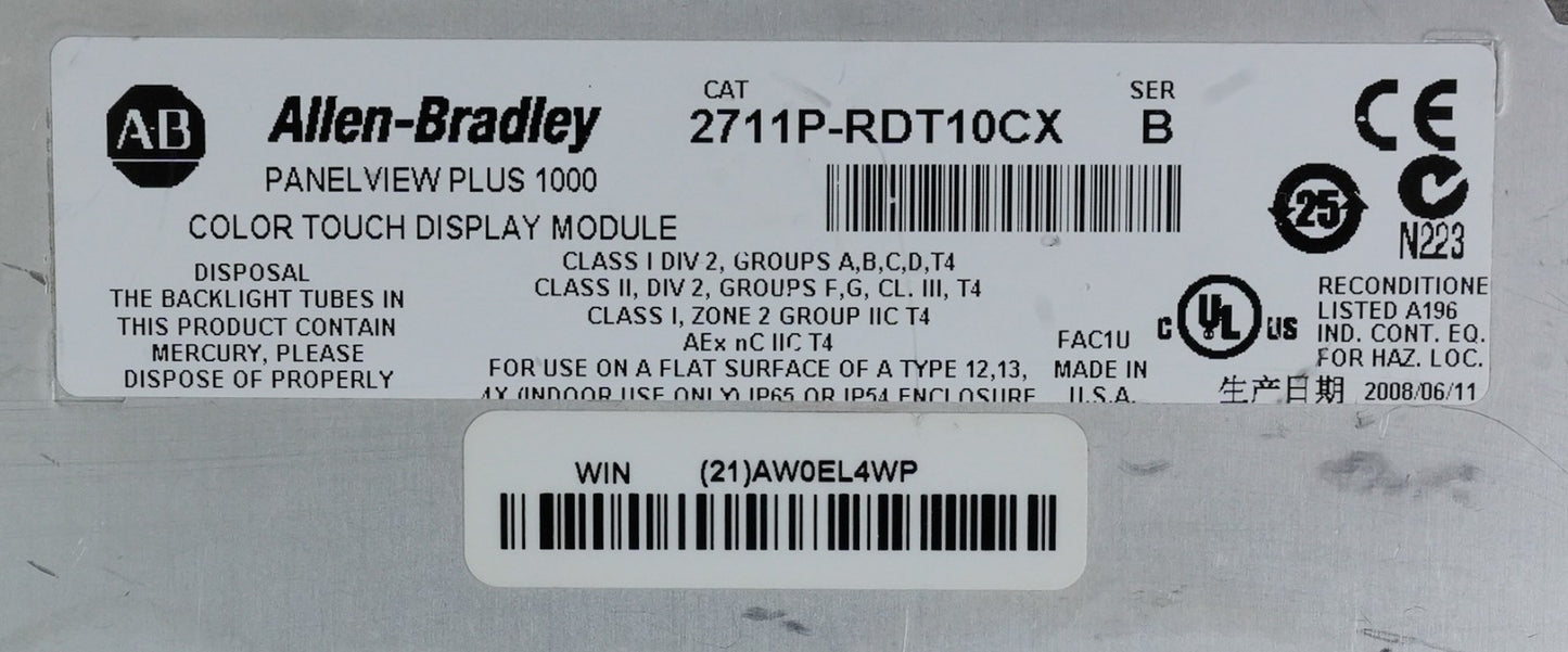 Allen Bradley 2711P-RDT10CX /B PanelView Plus 1000 Color Touch Display Module