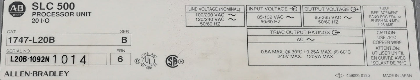 Allen Bradley 1747-L20B /B SLC 500 Processor Unit 20 I/O 1747L20B
