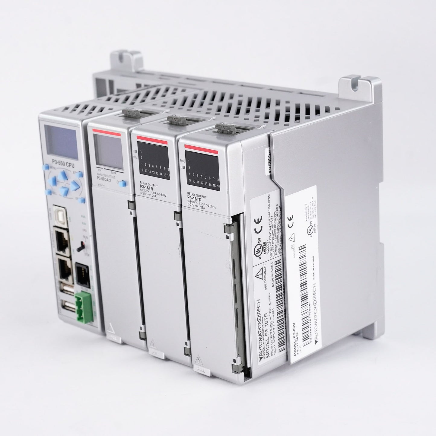AutomationDirect P3-03B 3-Slot Base + P3-16TR PLC + P3-08DA-2 PLC + P3-550 CPU