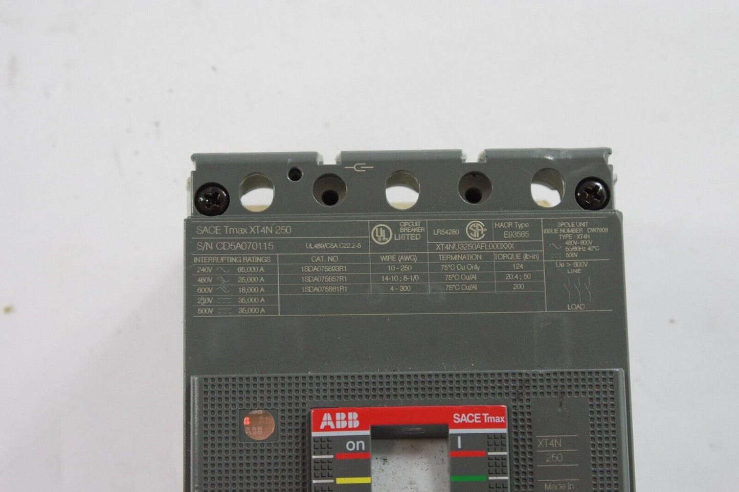 ABB Sace Tmax XT4N 250 Main Breaker 250A 2500A XT4NU3250AFL000XXX 3Ph 600V