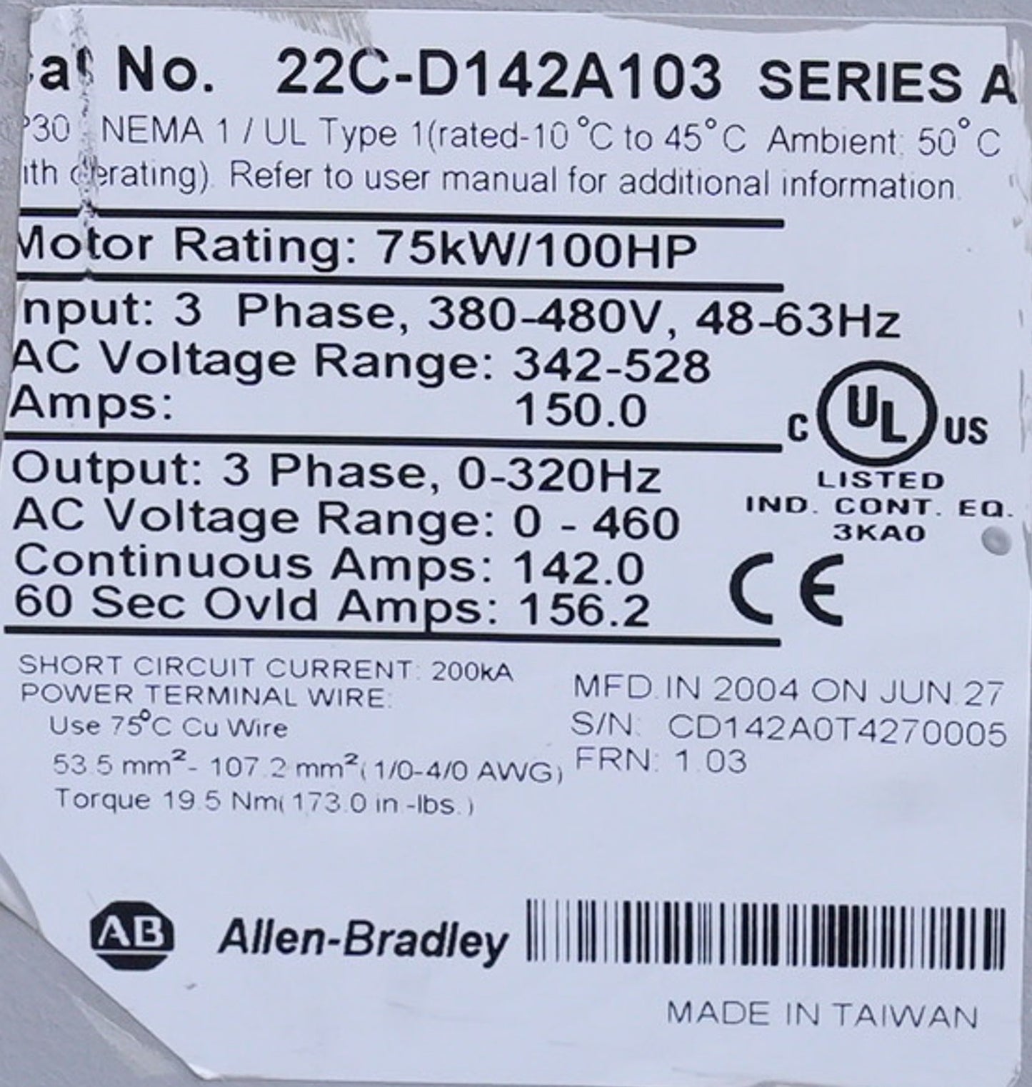 Allen Bradley 22C-D142A103 /A PowerFlex 400 AC Drive 480V 100HP 3-Phase 75kW
