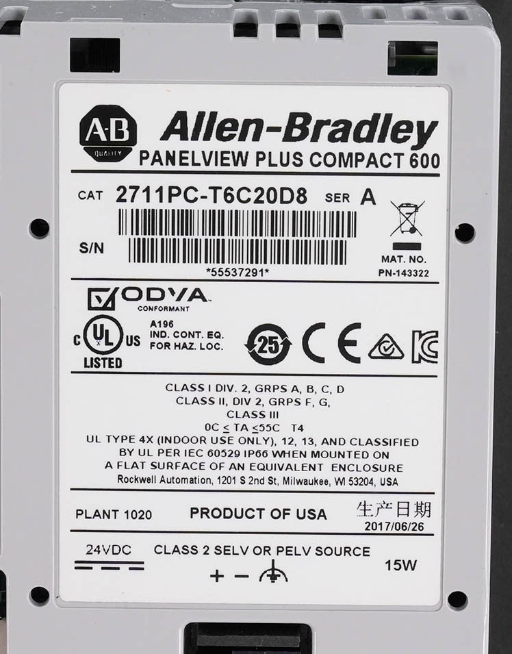 Allen Bradley 2711PC-T6C20D8 Ser A PanelView Plus 6 Compact 600 Touch 24VDC