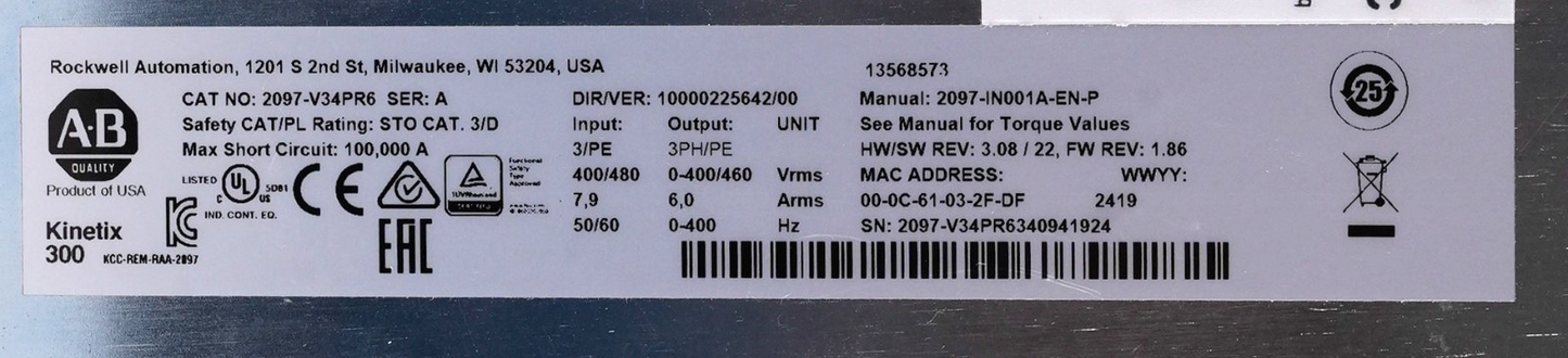 Allen Bradley 2097-V34PR6 /A Kinetix 300 Servo Drive 2097V34PR6 NOS Installed