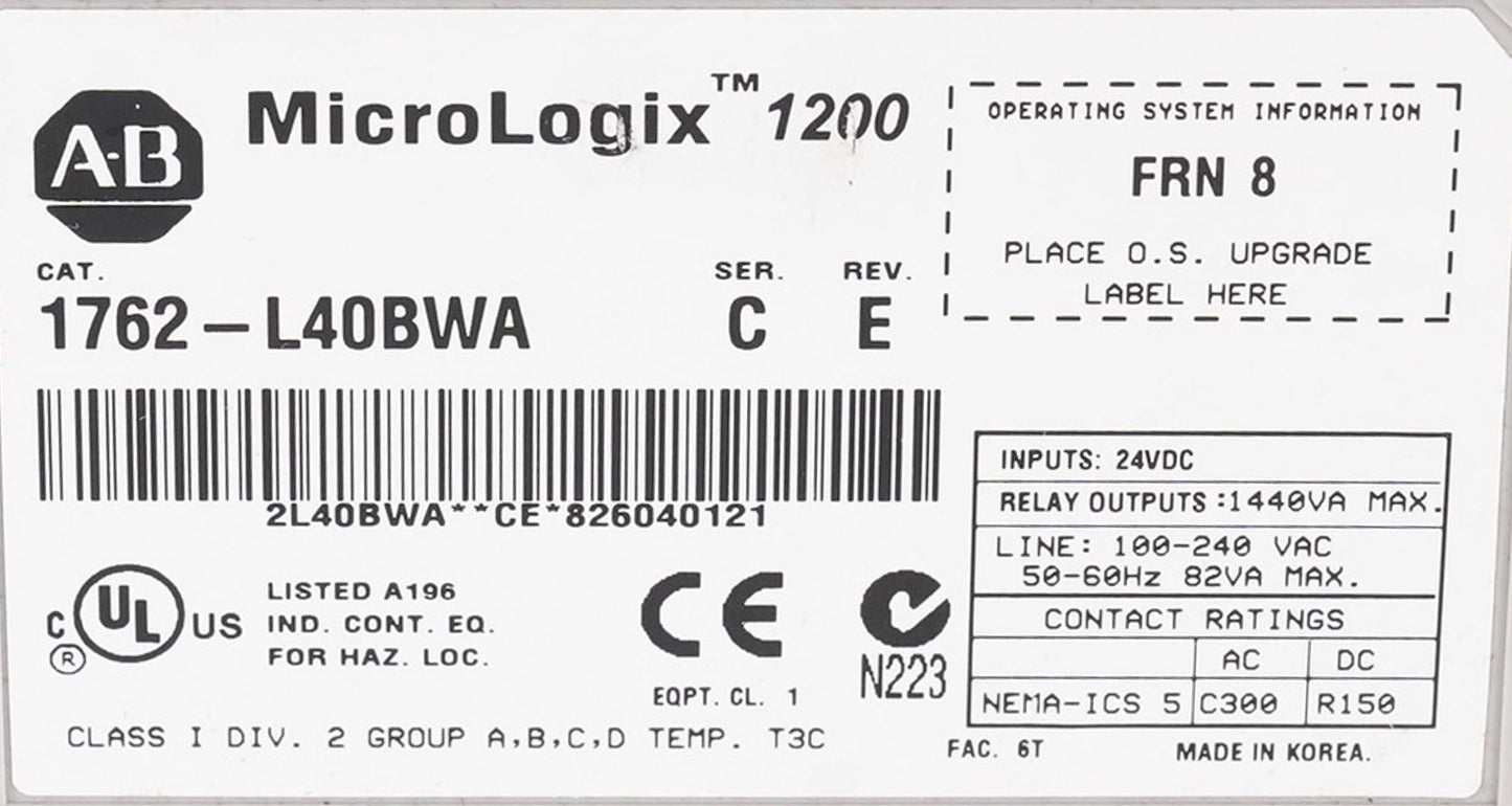 Allen Bradley 1762-L40BWA /C Rev E MicroLogix 1200 PLC Controller 1762L40BWA