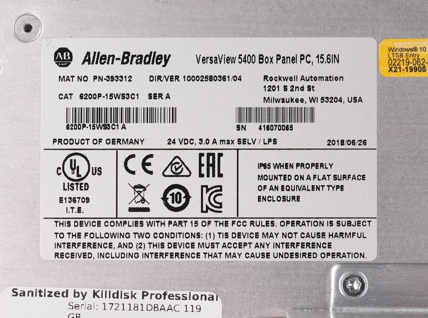 Allen Bradley 6200P-15WS3C1 /A VersaView 5400 Box Panel PC 15.6 15WS3B1-15WS3A1