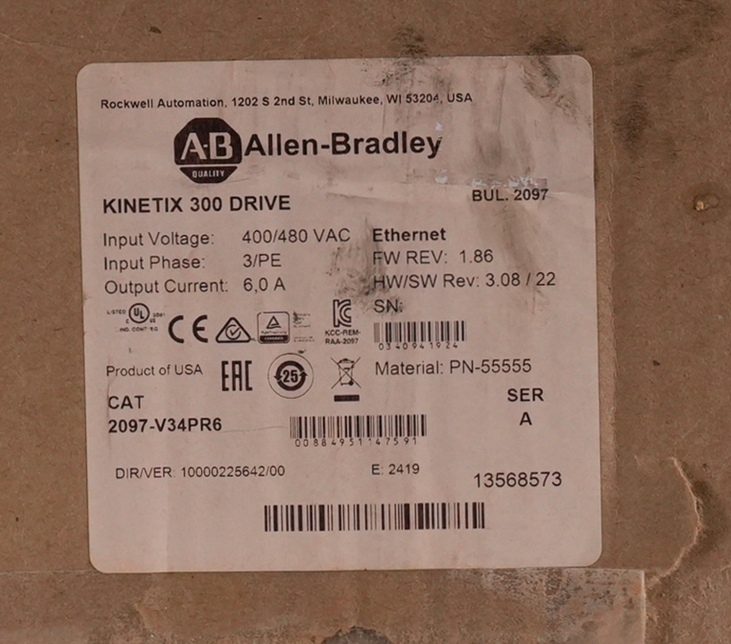 Allen Bradley 2097-V34PR6 /A Kinetix 300 Servo Drive 2097V34PR6 NOS Installed