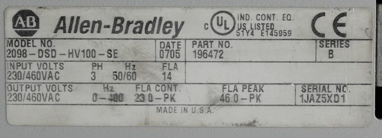 Allen Bradley 2098-DSD-HV100-SE /B Ultra 3000 Servo Drive 460V + 1 Year Warranty