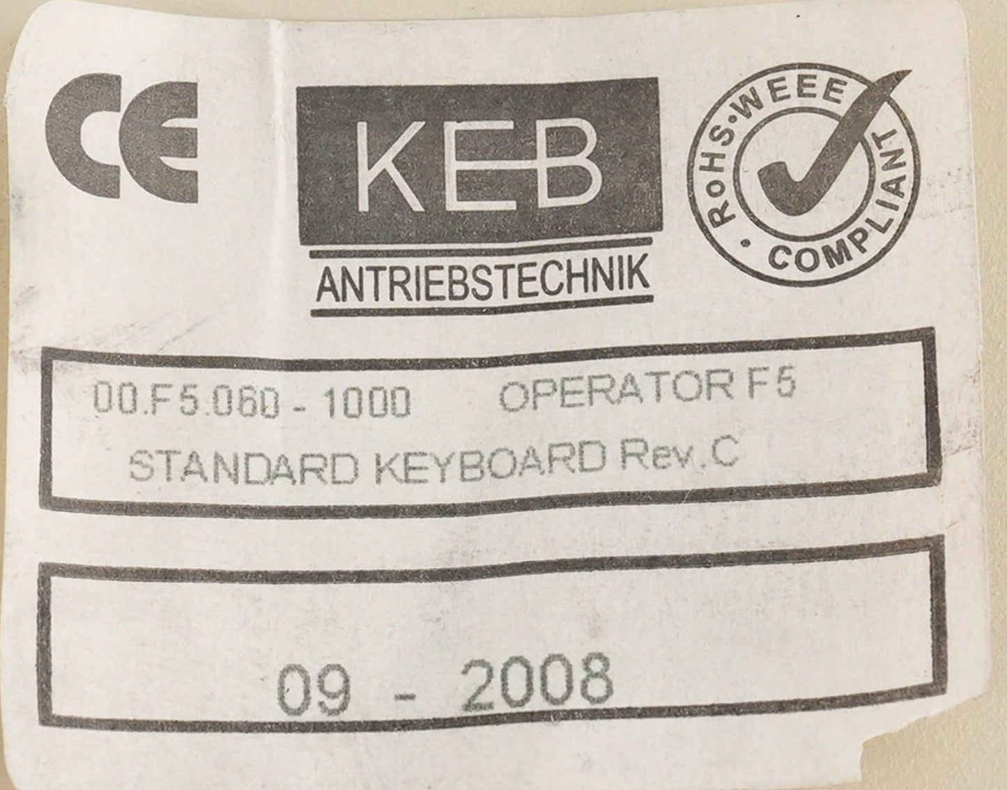 KEB Combivert 00.F5.060-1000 Operator F5 Standard Keyboard Rev. C 00F50601000