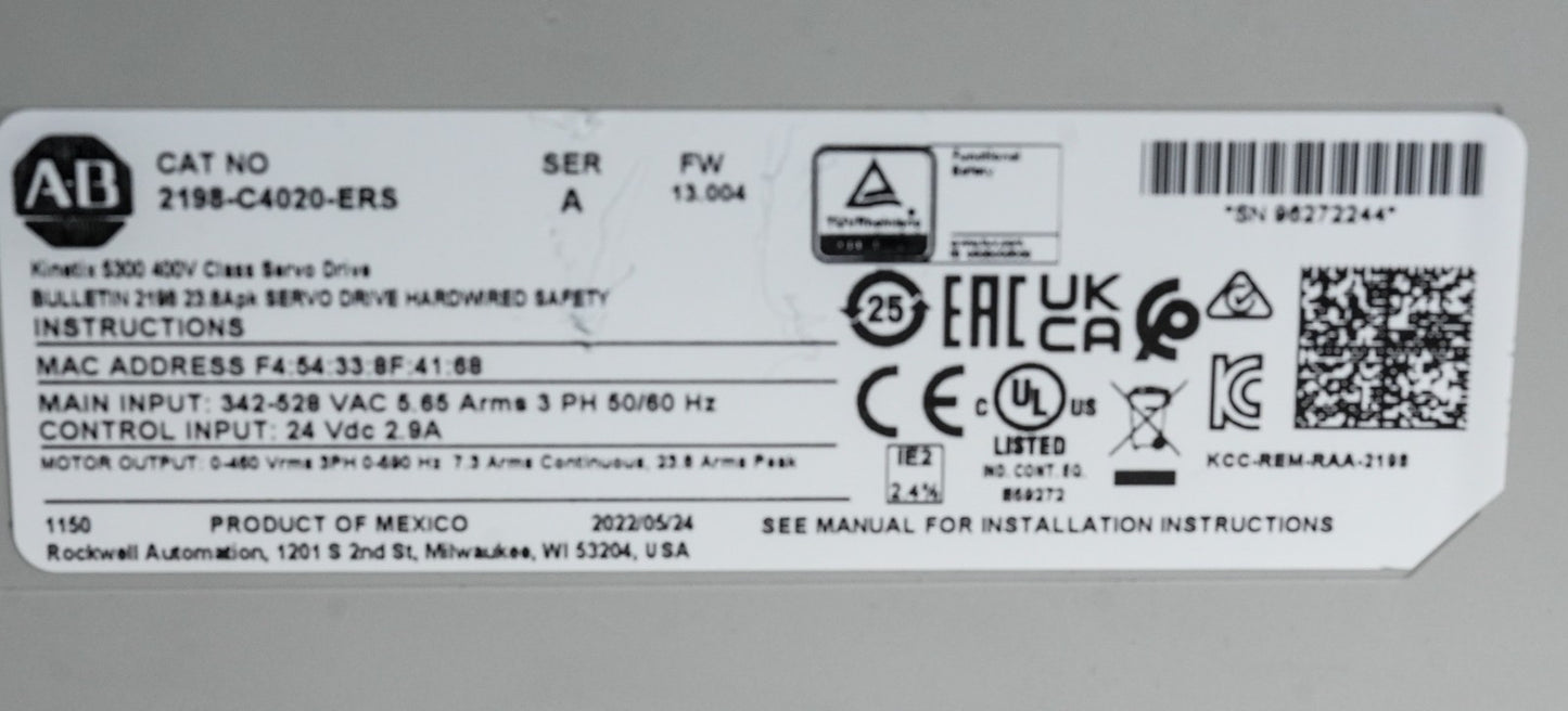Allen Bradley 2198-C4020-ERS /A FW 13.004 Kinetix 5300 400V Class Servo Drive