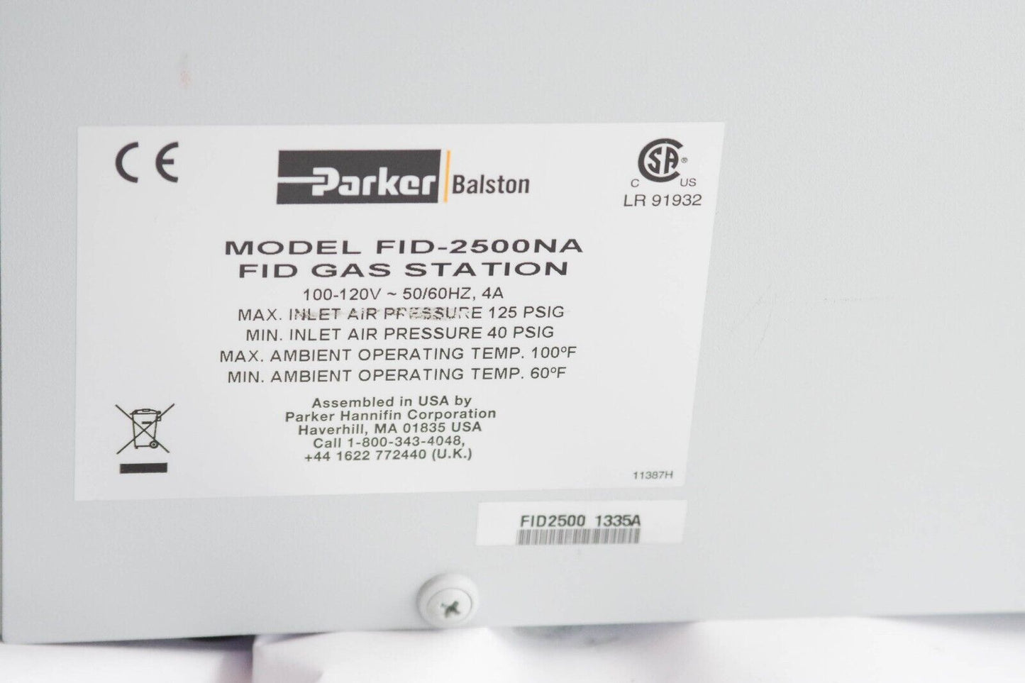 Parker Balston Model FID-2500NA / FID2500NA FID Gas Station - Power Tested