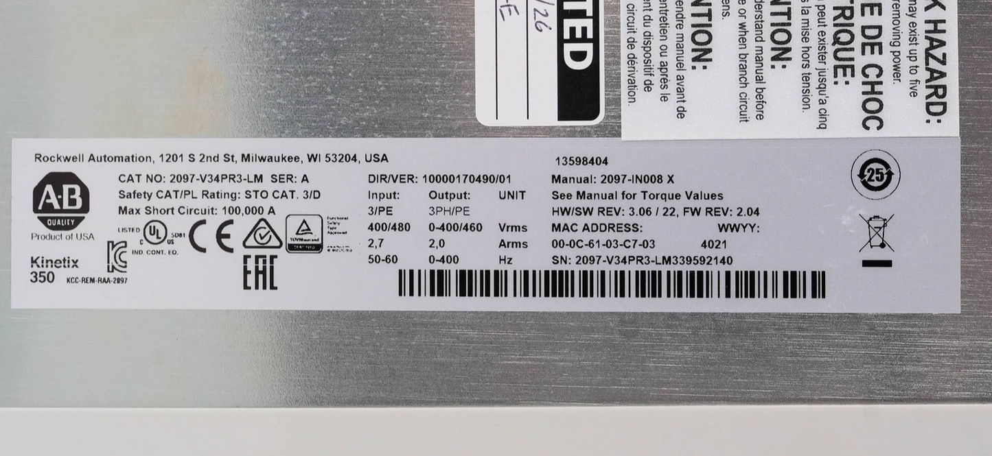 Allen Bradley 2097-V34PR3-LM /A Kinetix 350 Drive 480V 2A 1kW + 2097-F4 Filter