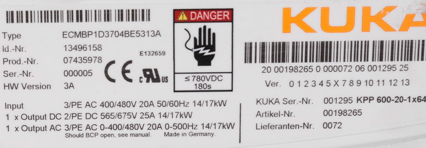KUKA KPP 600-20-1x64 ECMBP1D3704BE5313A Servo Pack + Warranty