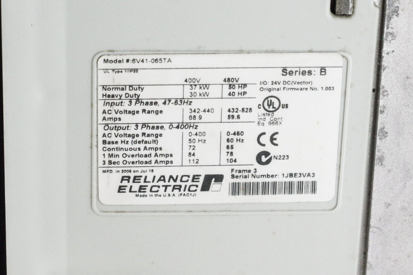 Reliance Electric 6V41-065TA Series B GV 6000 AC Drive 3-Phase 400/480V 50hp