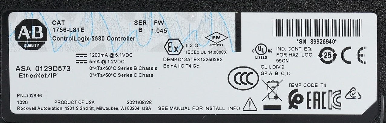 Allen Bradley 1756-L81E /B ControlLogix 5580 Processor ENet/USB 2021 Used